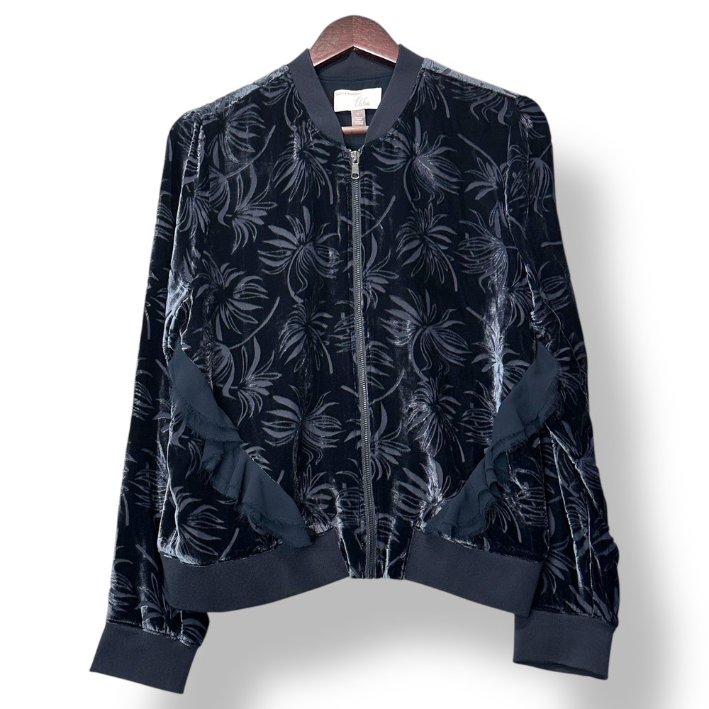 Chelsea 28 Olivia Palermo Velvet Silk Floral Bomber Jacket Black L Grunge Rocker - Picture 2 of 8